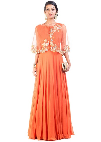 Orange Shrug Style Cape Full Length Georgette Gown Dress