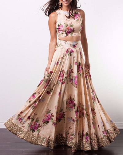 Organza flower print lehenga with sleeveless crop top