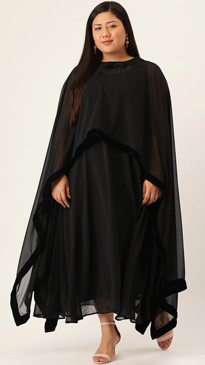 Party Wear Maxi Dress With Cape For Plus Size Women
