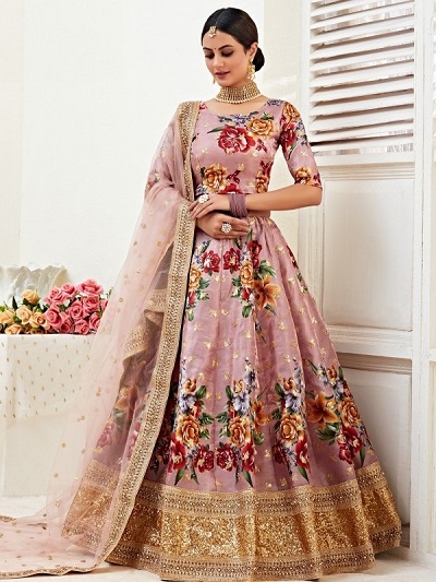 Peach floral lehenga with border work