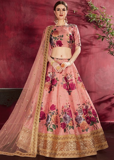 Peach floral printed lehenga choli with dupatta