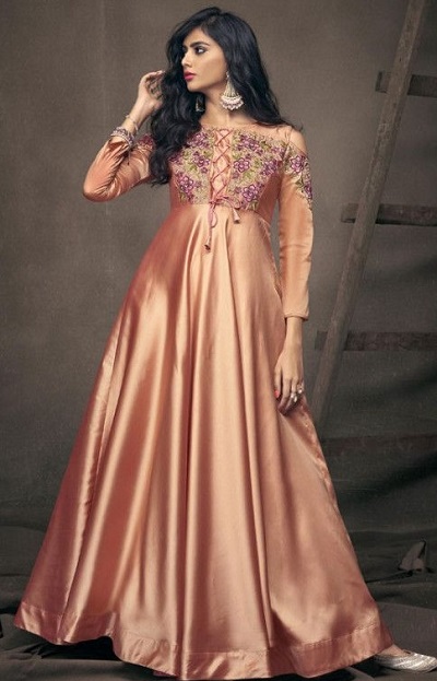 Peach long Satin Indian gown pattern