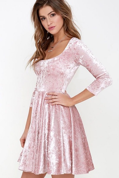 Pink Fit And Flare A Line Velvet Dress