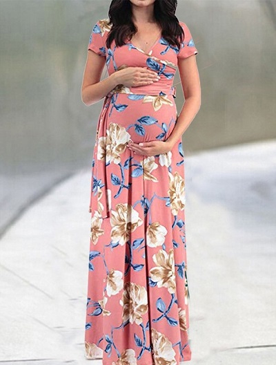 Pink Floral Printed Long Empire Length Dress
