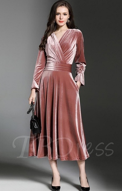 Pink Wrap Style Midi Velvet Dress For Women