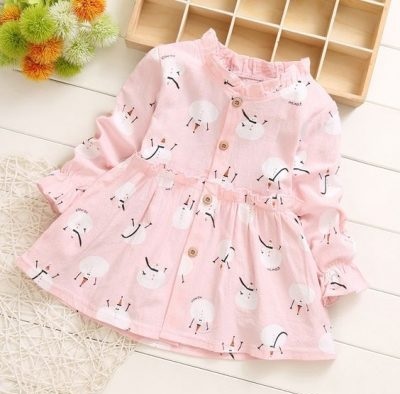 Pleated neckline pink printed dress for girls