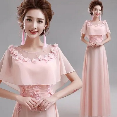 Prom Pink Cape Long Chiffon Dress For Women