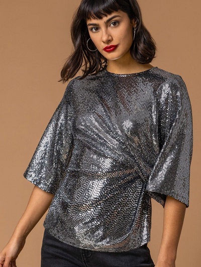 Sequined wrap knot pattern oversized top