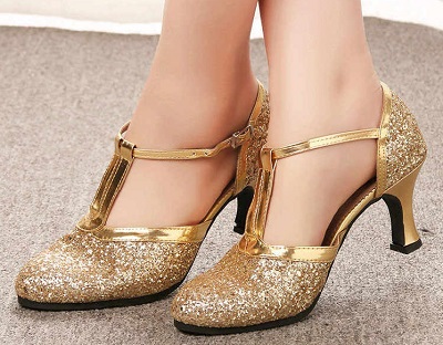 Short Kitten Heel Closed Toe Golden Shoes