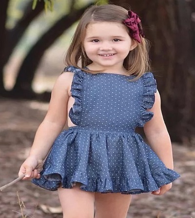 Short cotton printed blue Ruffle dresses for babies