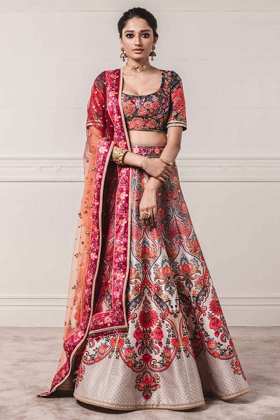 Silk floral printed lehenga with silk blouse