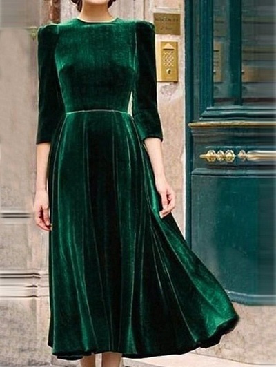 Simple Green Velvet Material Dress For Women