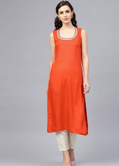 Simple Long Sleeveless Orange Kurti Design