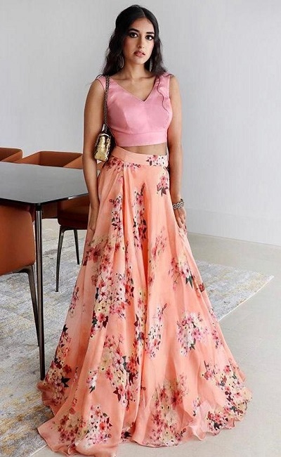 Simple Satin blouse with floral skirt
