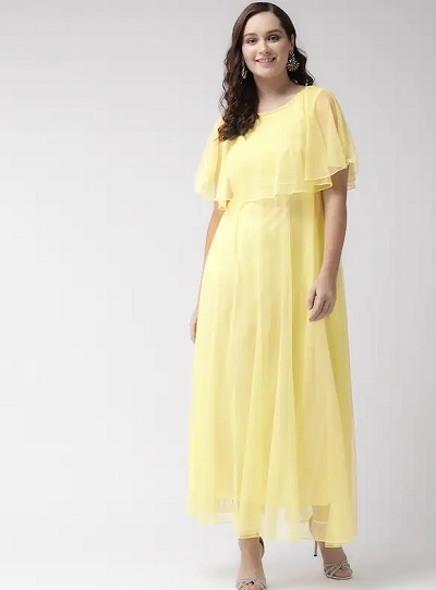 Simple Yellow Cape Maxi Dress For Women