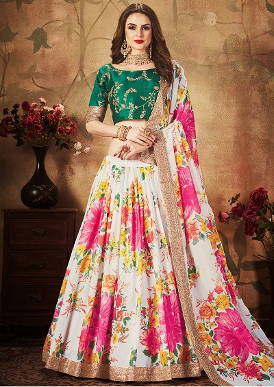 Simple floral printed lehenga with Silk blouse