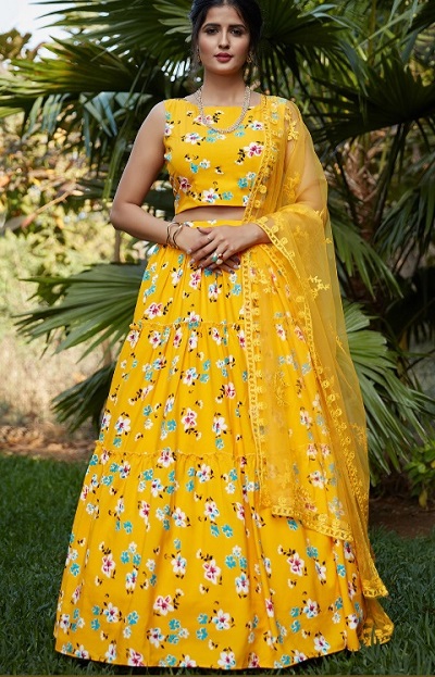 Simple yellow cotton floral lehenga blouse s