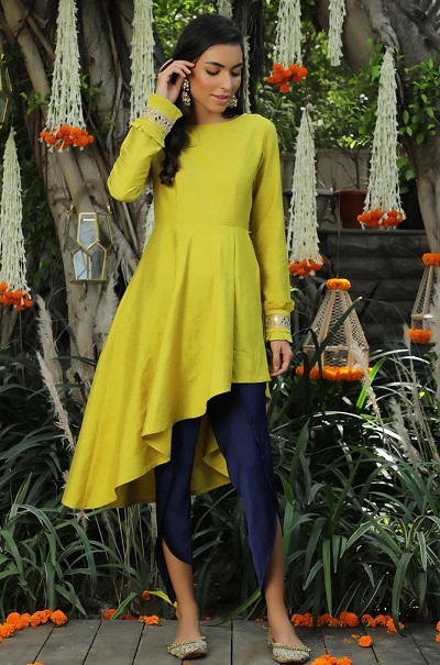 Single Hemline Yellow Full Sleeves Kurta With Dhoti Pants