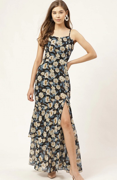 Thigh slit summer full floral dress design
