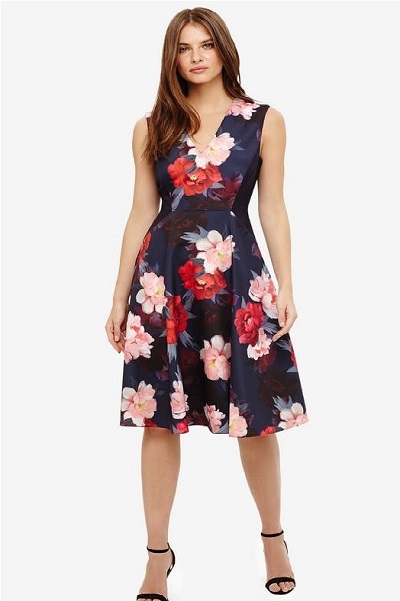 V neck Georgette printed flat fit and flare dress