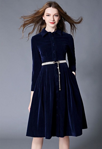 Velvet A Line Dress With Waist Belt