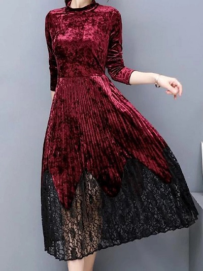 Velvet And Lace Fabric Midi Dress