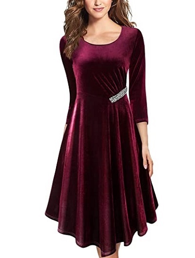Wine Colored Velvet A Line Dress