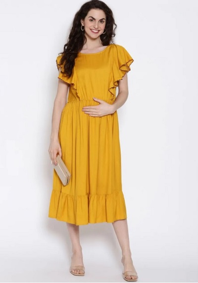 Yellow Cotton Ruffle Dress With Drop Waist