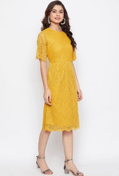 Yellow Simple Knee Length Lace Dress For Ladies