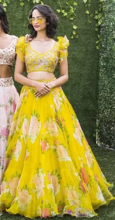 Yellow crop top floral printed lehenga skirt