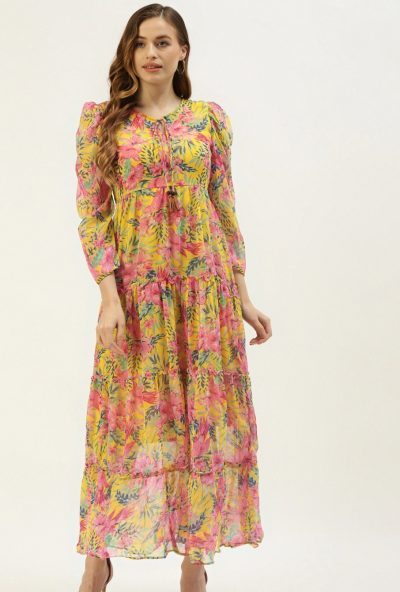 Yellow floral printed summer dress