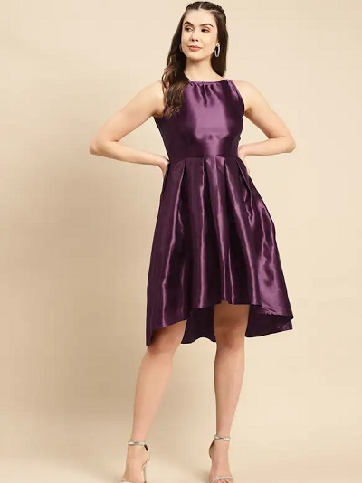 Box Pleated Short Purple Satin Dress