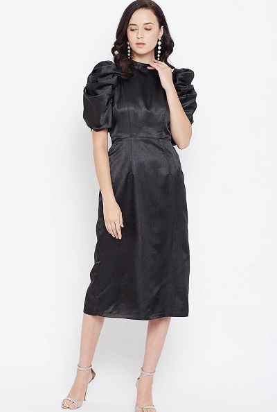 Straight Midi Dress In Black Satin Fabric