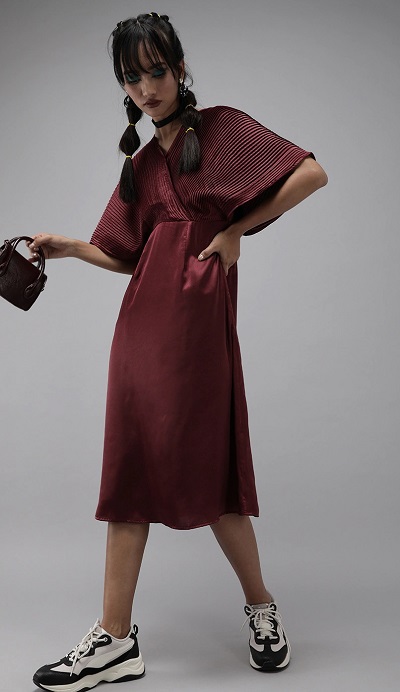 Stylish Wine Knee Length Satin Dress Design