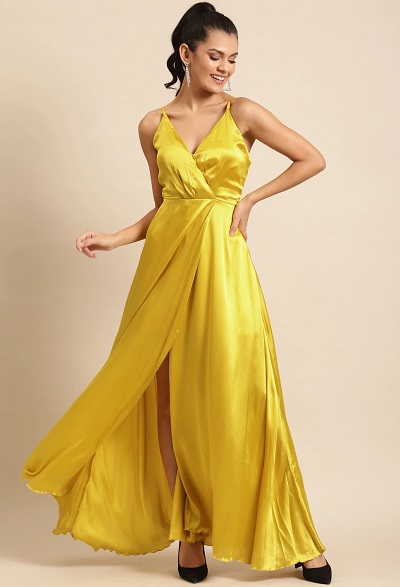 Yellow Full Length Satin Dress Gown