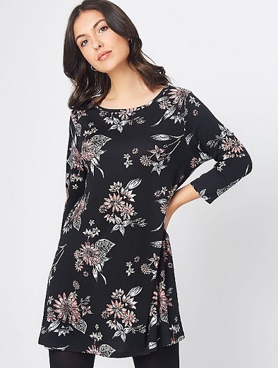 A Line Long Floral Printed Black Top