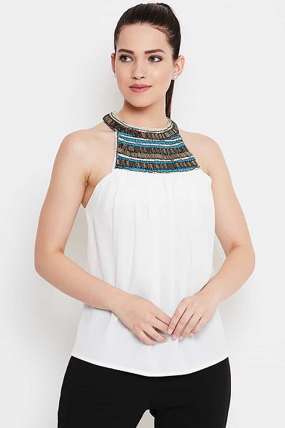 Beadwork Halter Style White Top