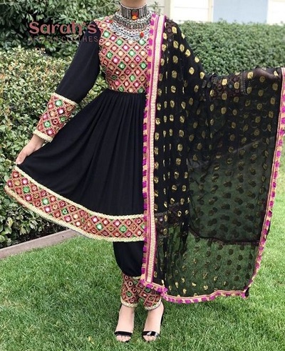 Black A-Line Short Tunic Salwar With Mirror Embellishment