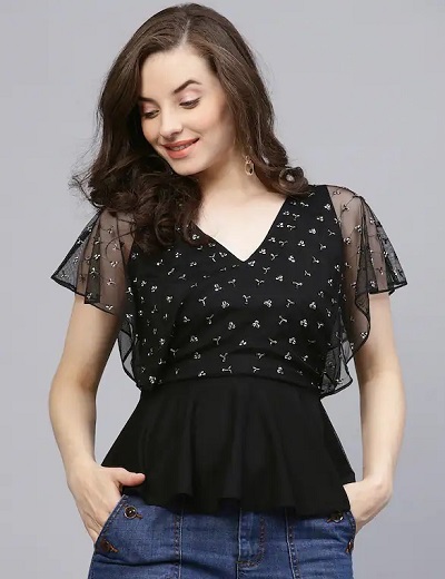 Black Peplum Top With Flutter Butterfly Sleeves