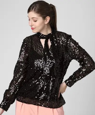 Black Sequin Top Full Sleeves Party Wear Top