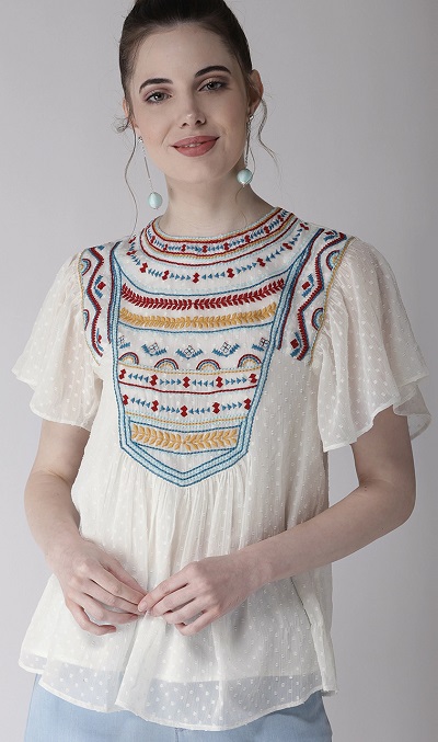 Butterfly Sleeve Embroidered Chiffon Top