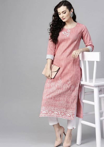 Casual Wear Pink And White Kurti Pant Set Design