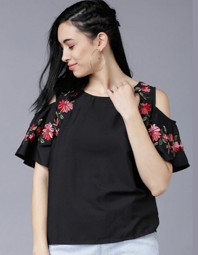 Embroidered Cold Shoulder Black Top