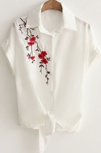 Embroidered Knotted Shirt Style Top