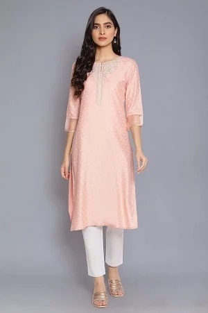 Festive Wear Pink Embellished Kurti White Pant Set