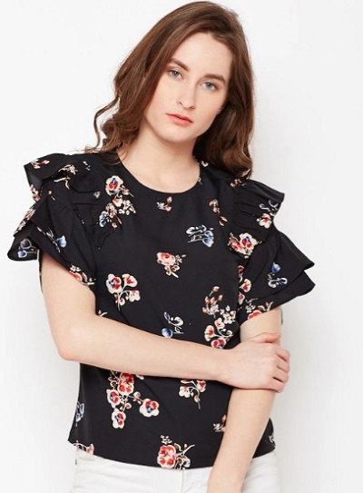 Floral Printed Short Black Blous