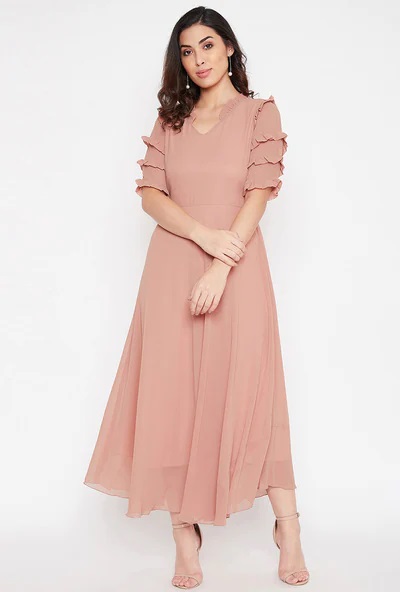 Georgette A Line Dress with Layered sleeves