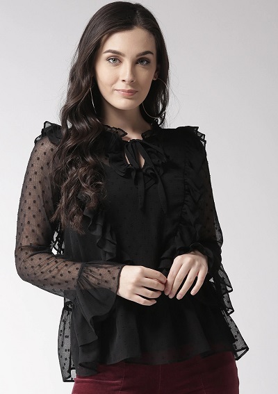 Georgette Ruffled Black Blouse Top