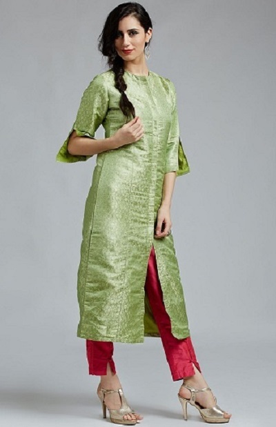 Green Kurti With Red Side Slit Pants Set