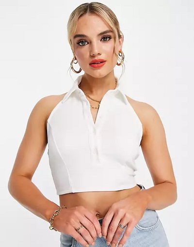 Halter Pattern White Polo T Shirt Crop Top